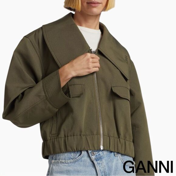 GANNI **NWT** Kalamata Green Heavy Twill Wide Collar Short Jacket - Picture 5 of 15